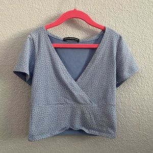 Blue with Floral Print Cropped V-Neck
